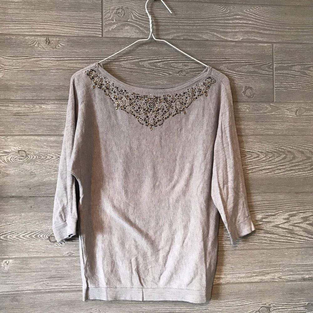 White house black market WHBM Grey Beaded‎ Collar Boatneck Sweater XS